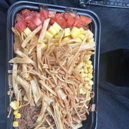 2x Birria BYO Bowl with mangoes, tomatoes, corn, tortilla strips & Mexican blend cheese