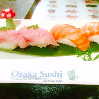 Osaka Sushi - Hamachi and Sake Nigiri. The wasabi mushroom is adorable! - Japanese Near Me - Modesto, California Osaka Sushi - Hamachi and Sake Nigiri. The wasabi mushroom is adorable! - Japanese Near Me - Modesto, California