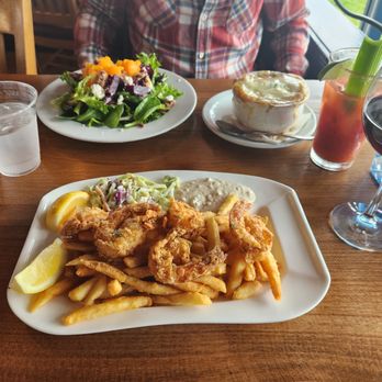 Moss Beach Distillery - Prawns and Chips with Beet-Mandarin Salad and French Onion Soup in background - Seafood Near Me - Moss Beach, California Moss Beach Distillery - Prawns and Chips with Beet-Mandarin Salad and French Onion Soup in background - Seafood Near Me - Moss Beach, California