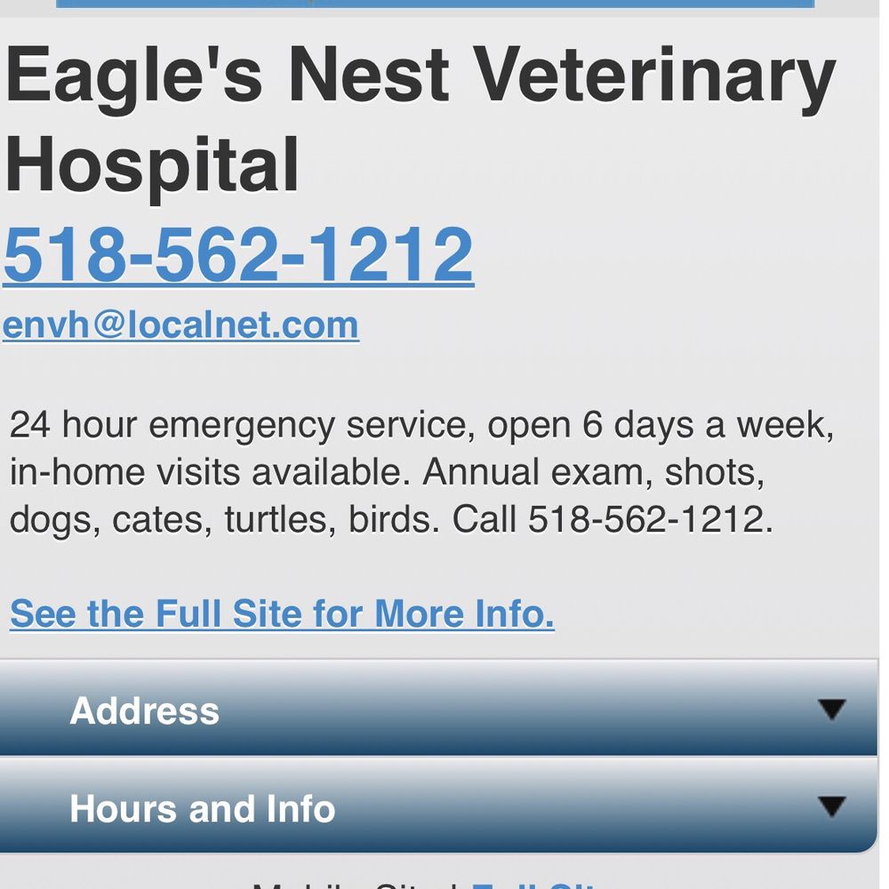 Eagle's Nest Veterinary Hospital - Eagles Nest should add a disclaimer to their website stating only current patients are eligible for 24 hour emergency care. - Veterinarians Near Me - Plattsburgh, New York Eagle's Nest Veterinary Hospital - Eagles Nest should add a disclaimer to their website stating only current patients are eligible for 24 hour emergency care. - Veterinarians Near Me - Plattsburgh, New York