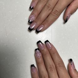 Valley Nails - Black coffin french tip w/ pink bow by stephany