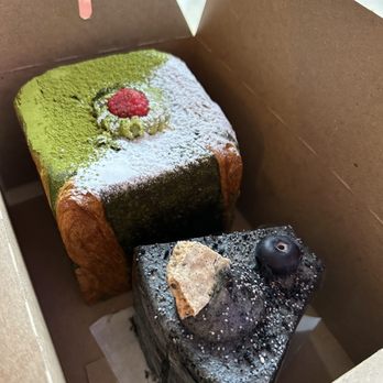 Little Pebbles - Matcha raspberry cube croissant and Black sesame chiffon cake with mascarpone cream - Desserts Near Me - Toronto, Ontario