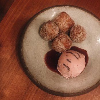 The Progress - Early grey doughnuts hibiscus-lime-stracciatella ice cream, strawberry & damson preserves, plum shochu $11 - New American Near Me - San Francisco, California The Progress - Early grey doughnuts hibiscus-lime-stracciatella ice cream, strawberry & damson preserves, plum shochu $11 - New American Near Me - San Francisco, California