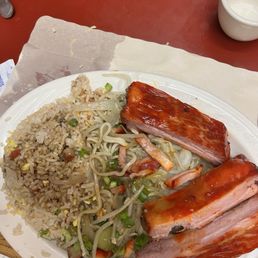 Ribs chow mien and rice.