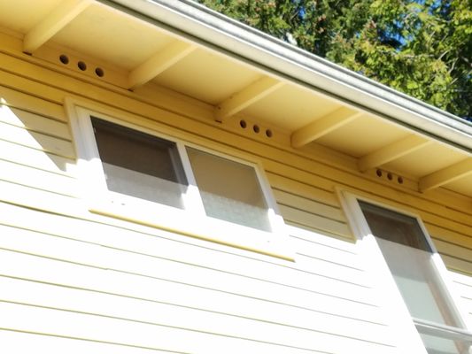 Mountain Goat Roofing - New soffits (w/ round holes) and quarter rounds (between other soffits and roof line). Pre-painted to match house. - Lynnwood, WA Mountain Goat Roofing - New soffits (w/ round holes) and quarter rounds (between other soffits and roof line). Pre-painted to match house. - Lynnwood, WA