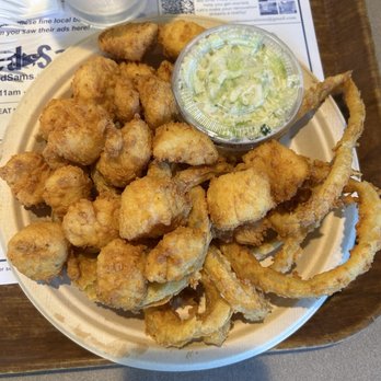 Seafood Sam's - Scallop plate with onion rings up grade 3.00 - Seafood Near Me - Falmouth, Massachusetts Seafood Sam's - Scallop plate with onion rings up grade 3.00 - Seafood Near Me - Falmouth, Massachusetts