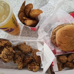 KFC - Sweet tea, potato wedges, chicken sandwich, nuggets and hot & spicy wings
