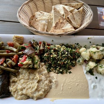 Cafe Nur - Mediterranean Combo: Lobi, Eggplant Salad, Tabouleh, Potato Salad, Dolma, Baba Ghanouj, Hummus, Tzatziki - Mediterranean Near Me - Los Altos, California