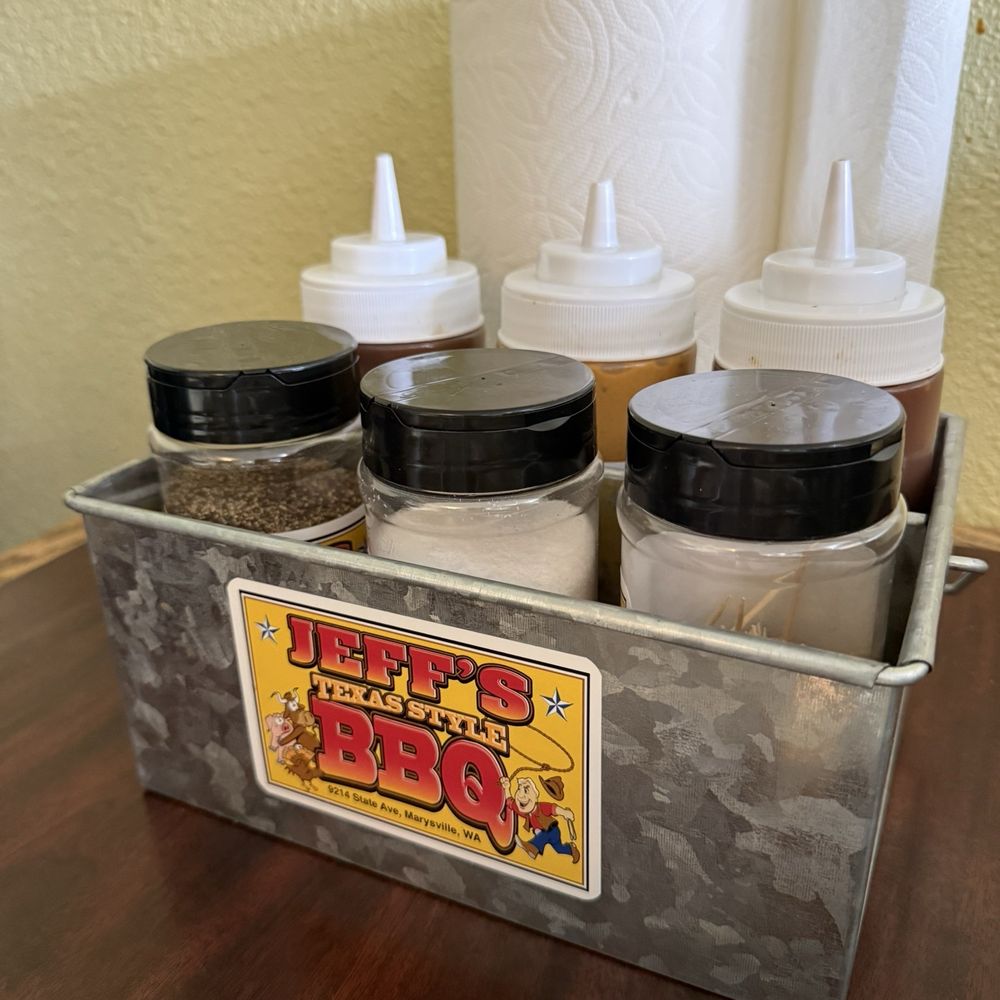 Jeff's Texas Style BBQ - I love that every table has their own sauce caddy, complete with salt, pepper, and toothpicks. - Barbeque Near Me - Marysville, Washington Jeff's Texas Style BBQ - I love that every table has their own sauce caddy, complete with salt, pepper, and toothpicks. - Barbeque Near Me - Marysville, Washington