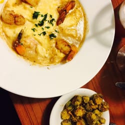 Langston Bar & Grille - Shrimp and grits, friend okra..my favorite!  I get this every time!  Delicious.