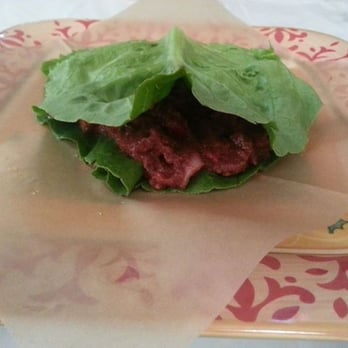 Garden Kitchen - Sloppy Joe - Mixture of red onion, red bell pepper, portobello, avocado, mushroom, garlic, chili stuffed between romaine leaves - Vegan Near Me - Houston, Texas Garden Kitchen - Sloppy Joe - Mixture of red onion, red bell pepper, portobello, avocado, mushroom, garlic, chili stuffed between romaine leaves - Vegan Near Me - Houston, Texas