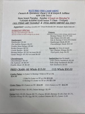 Menu photo 7 Bluebird Fish Camp Orange, TX