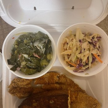 Refined To Go - Lemon-pepper catfish, collard greens, slaw, and cornbread! - Soul Food Near Me - Helena, Alabama Refined To Go - Lemon-pepper catfish, collard greens, slaw, and cornbread! - Soul Food Near Me - Helena, Alabama