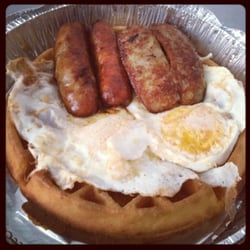 Cosmo's Restaurant - Best breakfast ever !! Sausage with waffles and fried eggs .