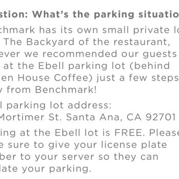 Benchmark - Park at Ebell! This is a screenshot from their website FAQs. - New American Near Me - Santa Ana, California