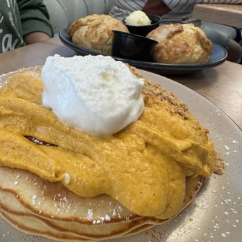 The Cottage - Pumpkin Pie Pancakes, side of biscuits in back - Breakfast & Brunch Near Me - Pigeon Forge, Tennessee The Cottage - Pumpkin Pie Pancakes, side of biscuits in back - Breakfast & Brunch Near Me - Pigeon Forge, Tennessee