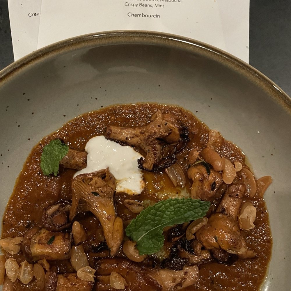 Cellar House - Roasted chanterelle mushrooms, matbucha and crispy beans. Inventive and tasty - Wine Bars Near Me - St Louis, Missouri