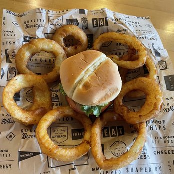 Wayback Burgers - Single Burger with Onion Rings - American Near Me - Nashville, Tennessee Wayback Burgers - Single Burger with Onion Rings - American Near Me - Nashville, Tennessee