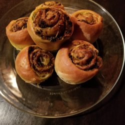 Bobby Baker Bakery - Stromboli Rolls:  Spread with goat cheese and basil pesto.  Then sprinkled with kalamata olives, sun-dried tomatoes, and parmesan cheese.