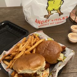 Angry Chickz - Combo #1 - 2 sliders with hot chicken tender, slaw, pickle + fries