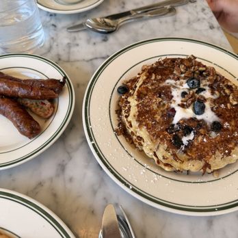 Harry's Coffee Shop - Blueberry Oatmeal Pancakes and side of Turkey Sausage - Breakfast & Brunch Near Me - Del Mar, California