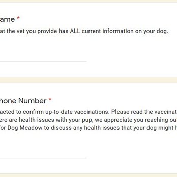 Dog Meadow - Screen shot from their application stating they check vaccination records. It says nothing about a reference. - Pet Boarding Near Me - Millbrook, New York Dog Meadow - Screen shot from their application stating they check vaccination records. It says nothing about a reference. - Pet Boarding Near Me - Millbrook, New York
