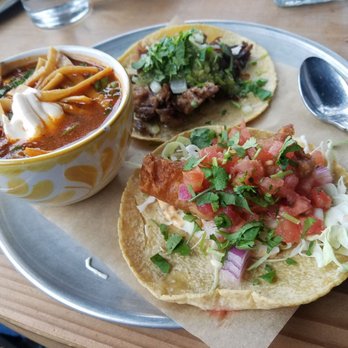 Pablo y Pablo - "Taco y Taco combo": Pork Carnitas y Baja Fish with Chicken Tortilla Soup side. - Mexican Near Me - Seattle, Washington