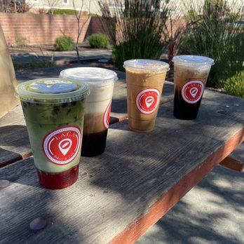 La Ca Bakery & Cafe - From left to right:  D9 - Strawberry matcha F2 - Sea cloud cloud coffee F1 - Viet fin cafe  E1 - Sea cream black tea - Vietnamese Near Me - Hayward, California