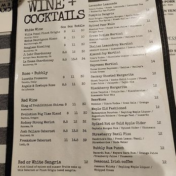 Backyard Brewery - Wine and cocktails menu - A menu listing wine, cocktails, and mixed drinks, including wine bottles, spritzers, martinis, and cider, with prices and descriptions. - Breweries Near Me - Manchester, New Hampshire