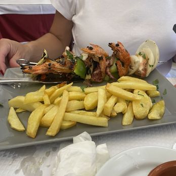 Adega de Belem - Octopus and prawn skewers with papa frites. - Cafes Near Me - Lisbon, 11