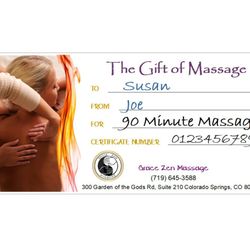 Grace Zen Massage - GIVE THE GIFT OF MASSAGE! Digital Gift Certificates that can safely be sent to a loved one via text or email! CALL NOW (719) 645-3588