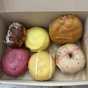 Donut Farm - Top three in the pic : chocolate coconut, poppy seed, salted caramel  Bottom three: blueberry, lemon something, earl grey - Donuts Near Me - Berkeley, California