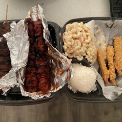 Dakine Grindz Restaurant - Hawaiian Plate - 3 Entree: (from left to right) Pulehu Steak, Sweet Huli Chicken, Dakine Mac Salad, Sticky White Rice, Tempura Shrimp