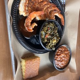 BBQ Shrimp, collard greens baked beans with brisket and cornbread BBQ Shrimp, collard greens baked beans with brisket and cornbread