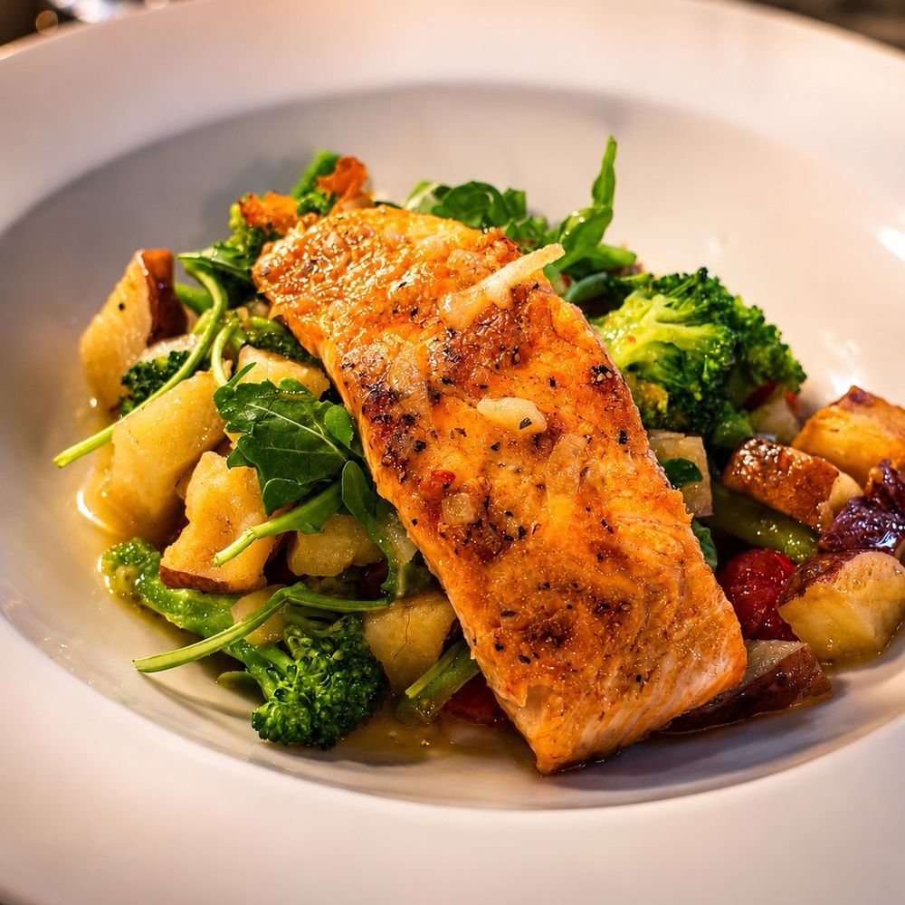 Scottish Salmon, simply prepared over fresh veggies. Scottish Salmon, simply prepared over fresh veggies.