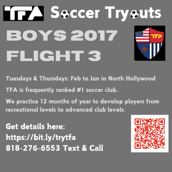 Ayso 174 - TFA Soccer Tryouts & Club Info here: https://linktr.ee/tfaboys  Info para equipo de futbol club juvenil para area de North Hollywood. - Recreation Centers Near Me - Granada Hills, California