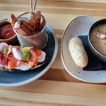 Sky Bistro - Salmon open faced sandwich and chowder - Canadian (New) Near Me - Banff, Alberta Sky Bistro - Salmon open faced sandwich and chowder - Canadian (New) Near Me - Banff, Alberta