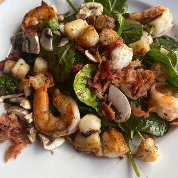 Cafe Des Beaux-Arts - Shrimp and Scallop spinach salad w warm dressing - French Near Me - Palm Desert, California Cafe Des Beaux-Arts - Shrimp and Scallop spinach salad w warm dressing - French Near Me - Palm Desert, California