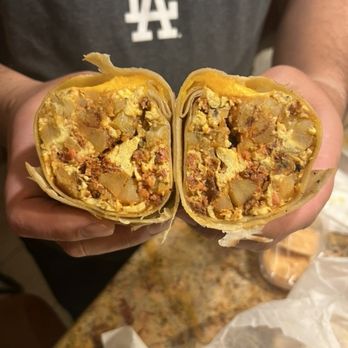 Cali Tacos - chorizo breakfast burrito: fresh eggs, chorizo, potatoes = $11.99 - Mexican Near Me - Orange, California Cali Tacos - chorizo breakfast burrito: fresh eggs, chorizo, potatoes = $11.99 - Mexican Near Me - Orange, California