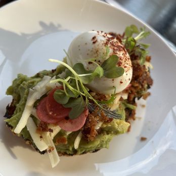 MudPenny - Fire Toast (avocado, bacon, pickled radish, goat cheese, soft boiled egg, 'Copper' seasoning on Field & Fire sunflower flax) - New American Near Me - Ada, Michigan
