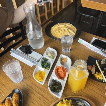 707 Sutter - Shrimp tempura, Creamy Ttok Bok ki, Corn Cheese Small Plate and peach cocktail. - Korean Near Me - San Francisco, California