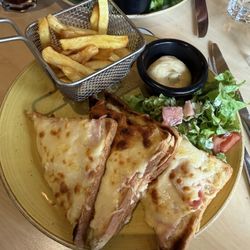 "Down home" Croque Monsieur. That little dish with sauce in it was an awesome condiment. Frites were served piping hot!