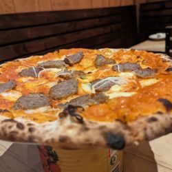 Fortina - Spicy Meatball Pizza with fontina, calabrian chili, onion, and vodka sauce
