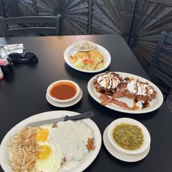 Apple Valley Kitchen - Churro waffles, chicken fried steak, and tamale plate. All so good!