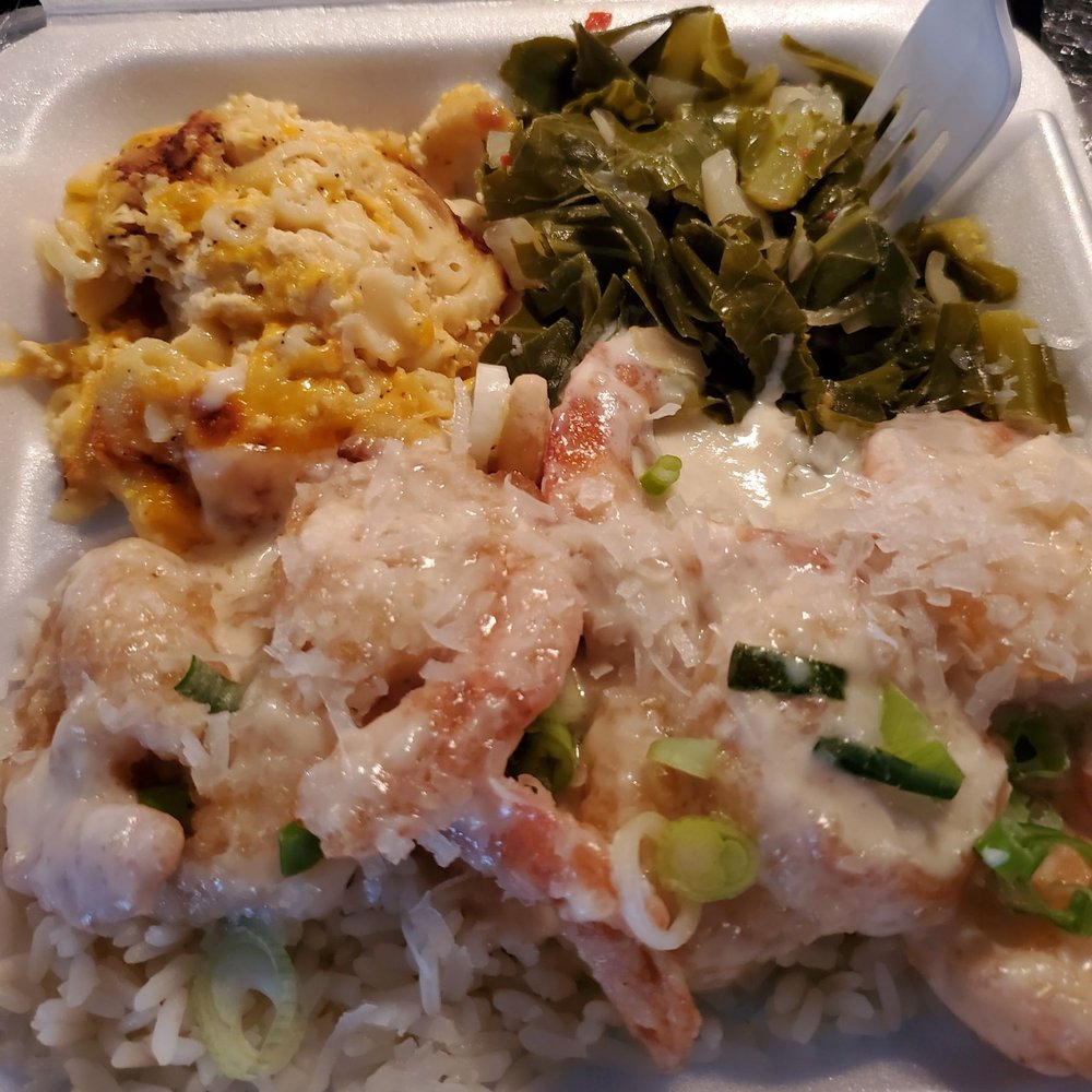 Jerk N Jive Caribbean Kitchen - Coconut shrimp with mac & cheese and collard greens - Caribbean Near Me - Frederick, Maryland Jerk N Jive Caribbean Kitchen - Coconut shrimp with mac & cheese and collard greens - Caribbean Near Me - Frederick, Maryland