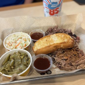 Dickey's Barbecue Pit - 2 meat plate with green beans, coleslaw, Texas toast, pulled pork and brisket - Barbeque Near Me - Beckley, West Virginia Dickey's Barbecue Pit - 2 meat plate with green beans, coleslaw, Texas toast, pulled pork and brisket - Barbeque Near Me - Beckley, West Virginia