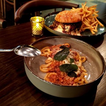 Sparrow + Wolf - Udon bolognese and Dry aged burger with caramelized onions & mornay sauce - New American Near Me - Las Vegas, Nevada Sparrow + Wolf - Udon bolognese and Dry aged burger with caramelized onions & mornay sauce - New American Near Me - Las Vegas, Nevada