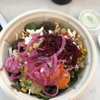 Mezeh - build your own bowl - falafel, mixed green, roasted corn, pickled beets, pickled onions, feta, beet hummus, cilantro hummus - Mediterranean Near Me - Arlington, Virginia Mezeh - build your own bowl - falafel, mixed green, roasted corn, pickled beets, pickled onions, feta, beet hummus, cilantro hummus - Mediterranean Near Me - Arlington, Virginia