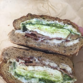 Bread & Spread - Whole grain bun with egg white, bacon well done, arugula, white cheddar and green verde sauce! - Coffee & Tea Near Me - Brooklyn, New York