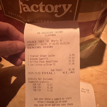 The Cheesecake Factory - My dinner bill - American Near Me - Happy Valley, Oregon